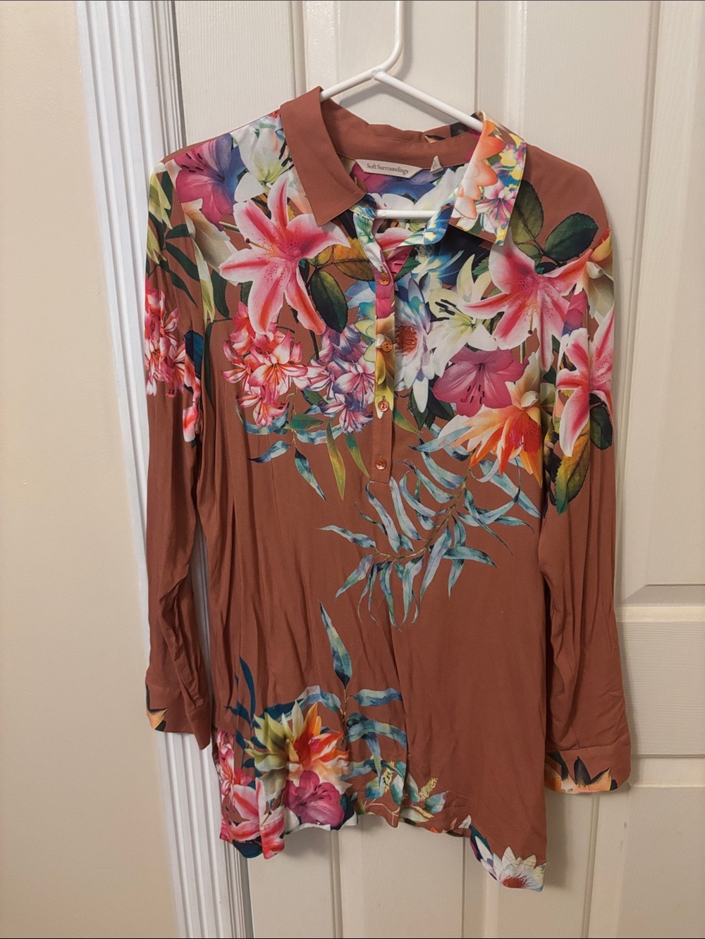 Soft Surroundings Floral Button-Down Shirt in Rust and Multicolor